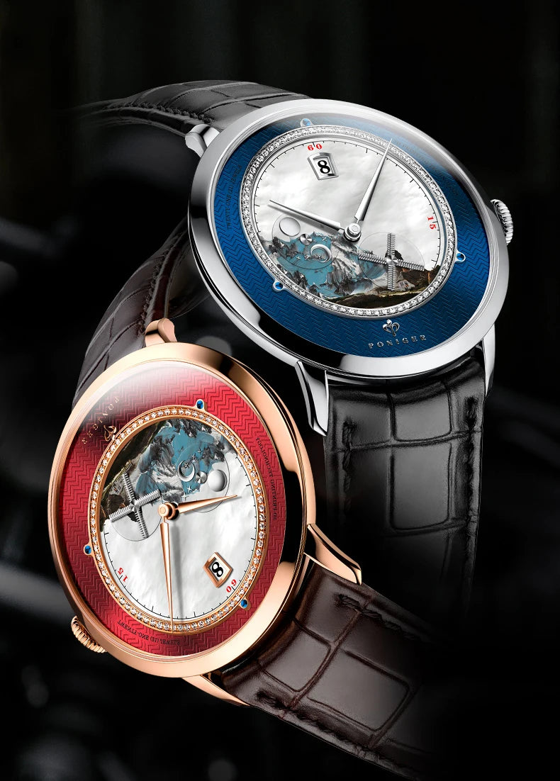 PONIGER Sapphire Crystal Glass Wrist Watch Painting Dial Man Leather Automatic Wristwatch MIYOTA 8219