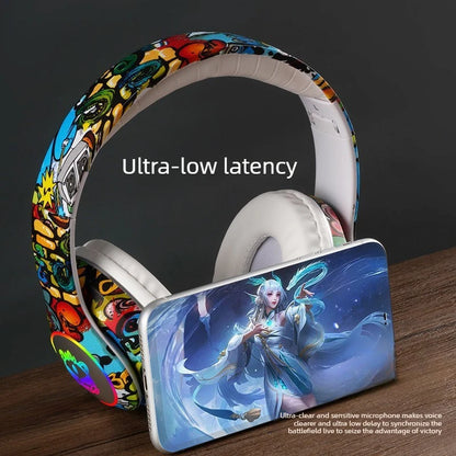 Auriculares gaming Bluetooth inalámbricos New Graffiti LX-8686 con micrófono, luz LED, compatibilidad con tarjeta TF, graves profundos y diseño circumaural para PC, gaming y niños
