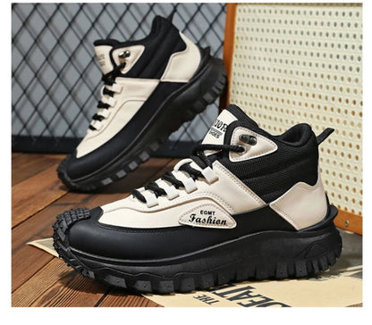 Botas de senderismo de caña media para hombre, en blanco y negro, de cuero impermeable, con plataforma, zapatillas antideslizantes para exterior, calzado informal con suela resistente