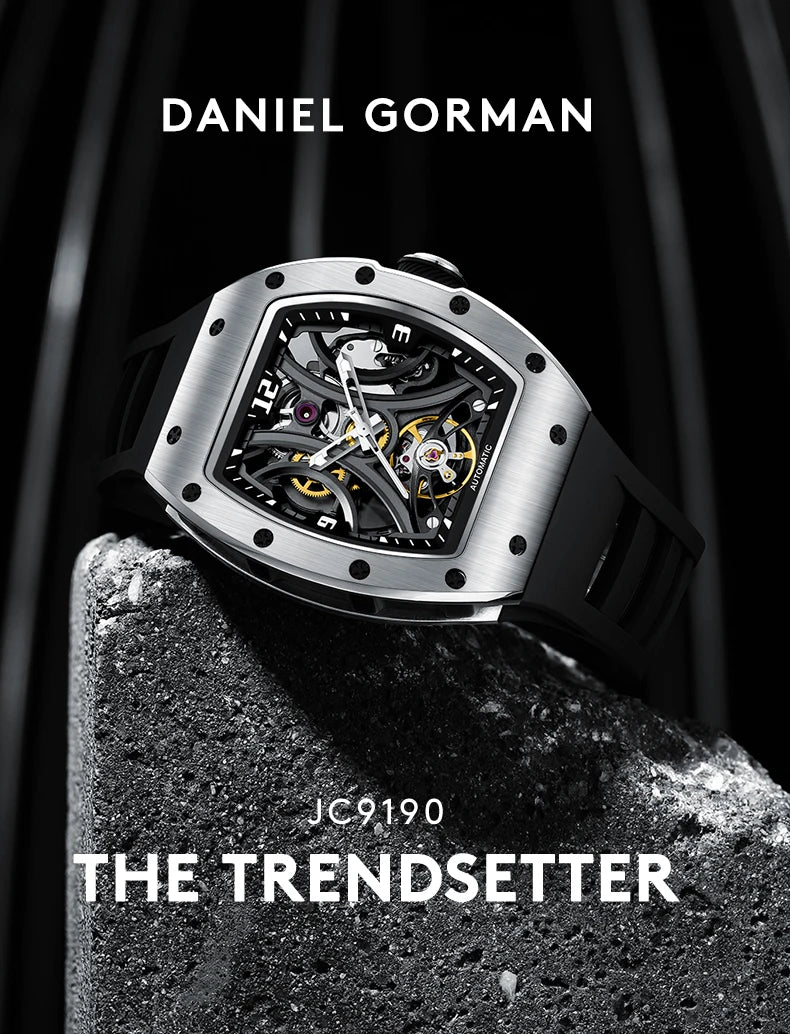 Luxury Automatic Watch Men Sports Barrel Skeleton Design Mechanical Movement Silicone Strap 5 ATM Waterproof Watches