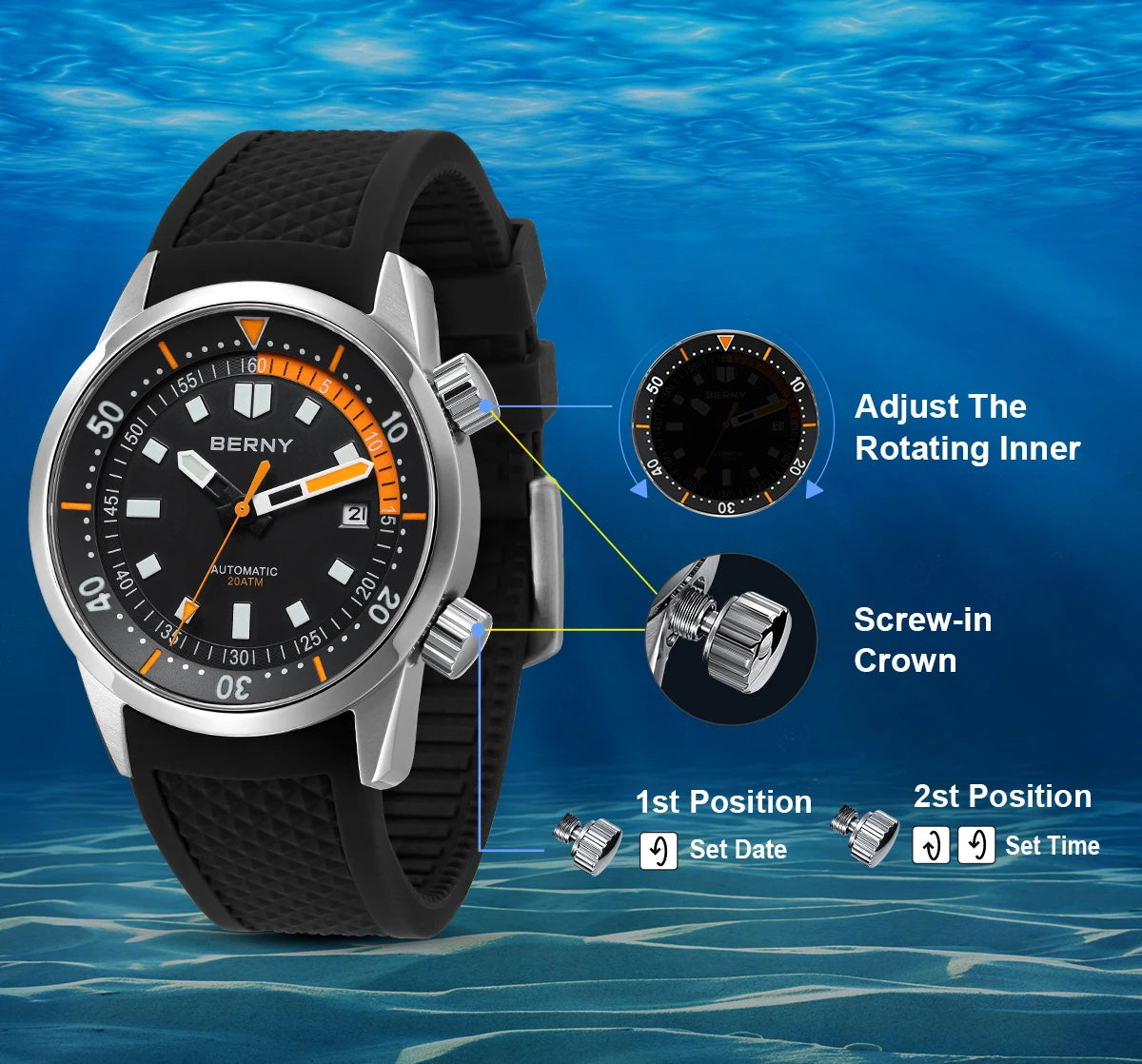 BERNY Men's Dive Watches 200M Waterproof Super Luminous Automatic Mechanical Diver Watch 42mm Sapphire Swim Diving Wristwatch
