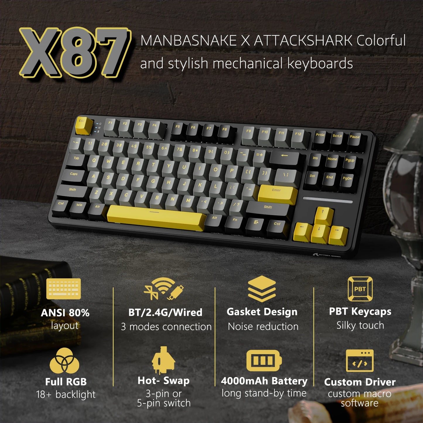 ATTACK SHARK X87 kabellose mechanische Gaming-Tastatur, Tri-Mode BT5.0/2.4GHz/USB-C, Gasket, Hot-Swappable Custom Keyboard, vorglubriziert