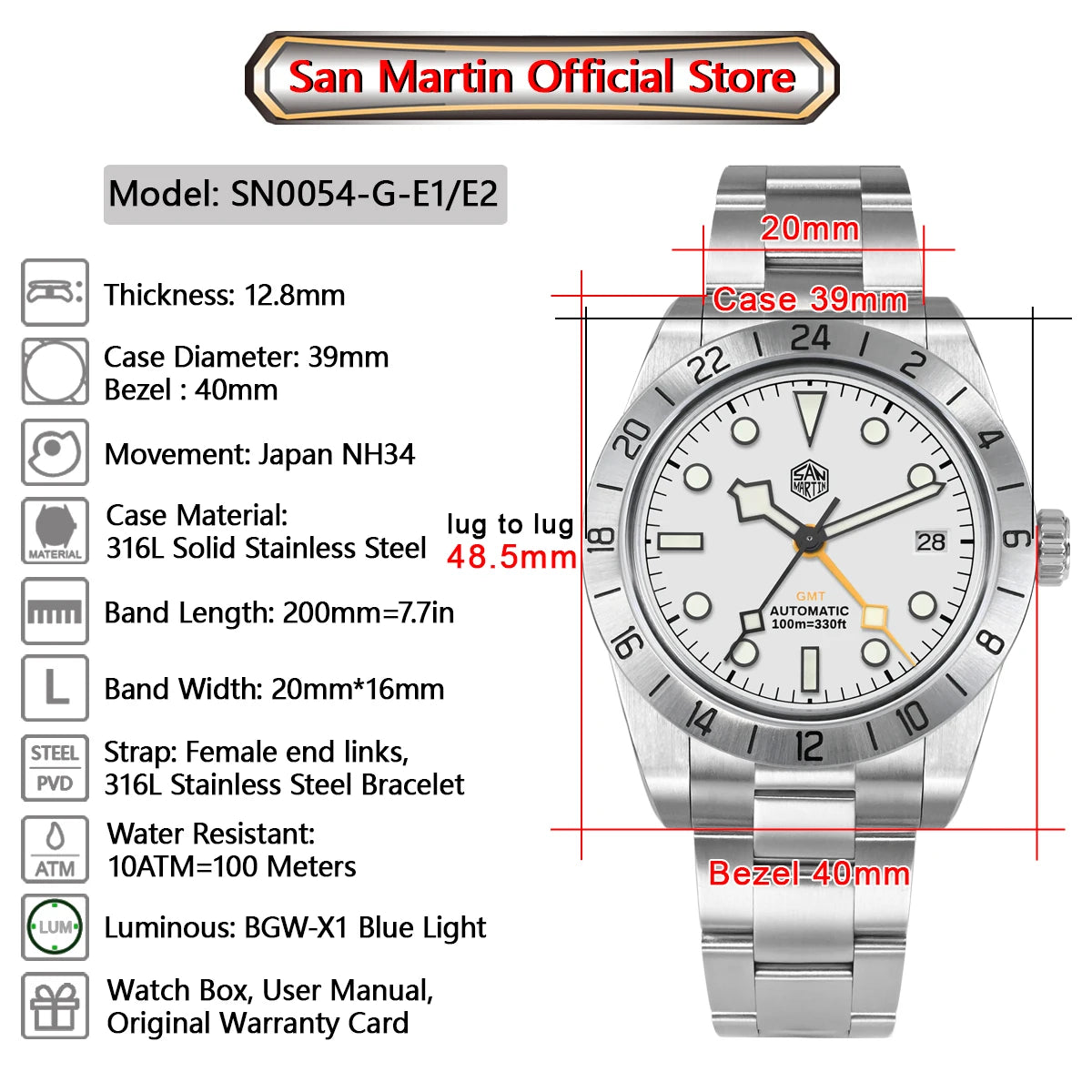 San Martin New 39mm NH34 BB GMT Automatic Mechanical Watch Sport Watch Sapphire Luminous Waterproof 100m for Men Relogio SN0054