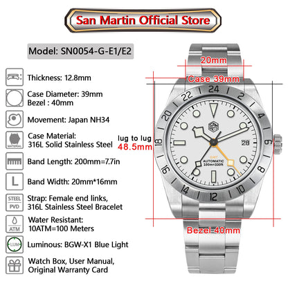 San Martin New 39mm NH34 BB GMT Automatic Mechanical Watch Sport Watch Sapphire Luminous Waterproof 100m for Men Relogio SN0054