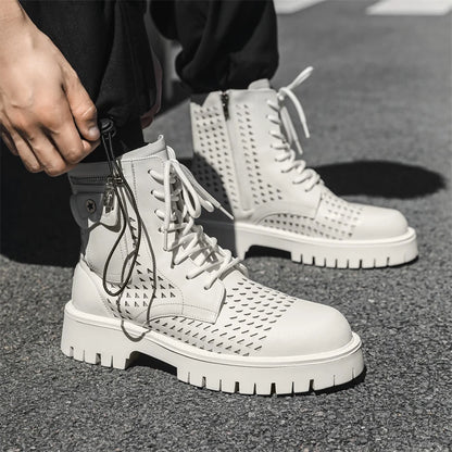 Non-Slip Men's High Top Casual Leather Shoes Street Style Motorcycle Boots New Stylish Ankle Boots Thick Bottom Walking Footwear