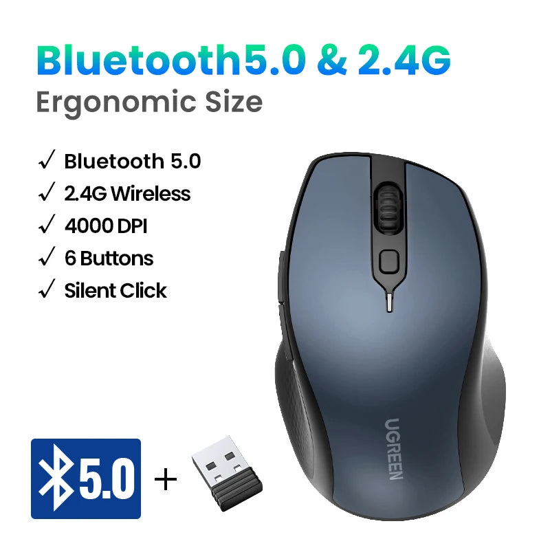 UGREEN Wireless Mouse Bluetooth 5.0 Ergonomic Mouse, 4000 DPI Silent Wireless Mouse with 2.4G USB Receiver, 6 Buttons for MacBook, Laptop, PC & Tablet