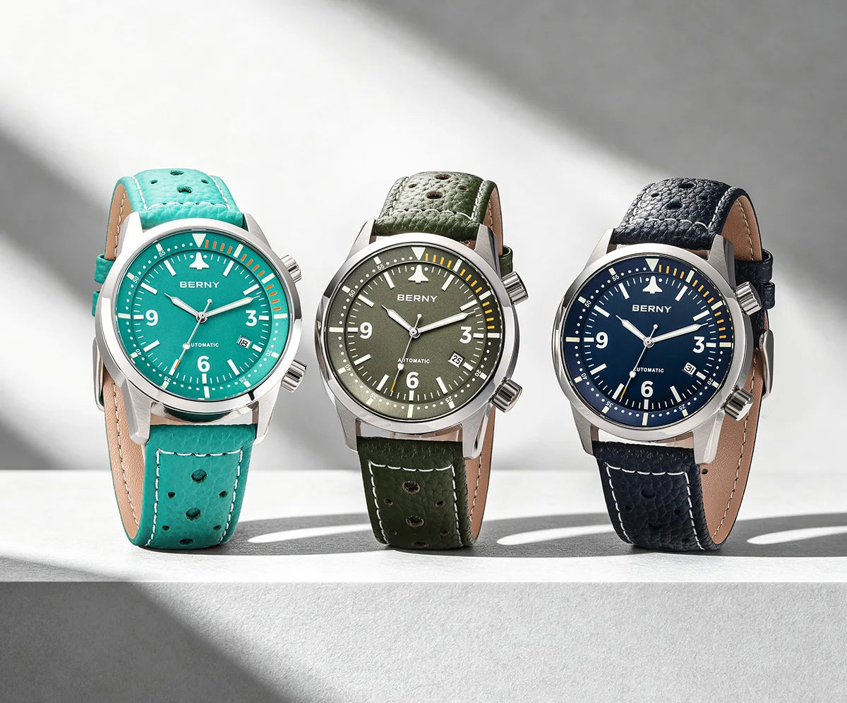 BERNY Men's Automatic Diver Watch Supper Luminous Sapphire AR Coated MlYOTA 8215 Leather Strap Mechanical Diving Watches for Men