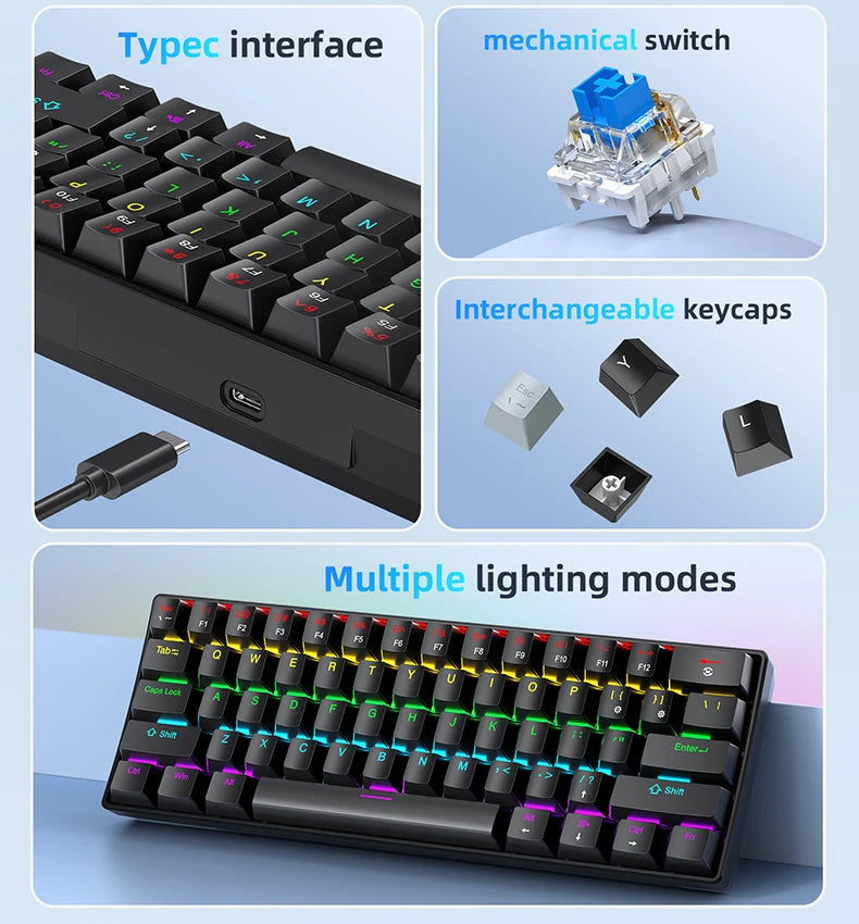 APAYADO K61 60% Mechanical Keyboard Wired RGB, 61 Keys Mini Gaming Keyboard with Red/Blue Switches, Compact RGB Mechanical Keyboard for PC & Laptop