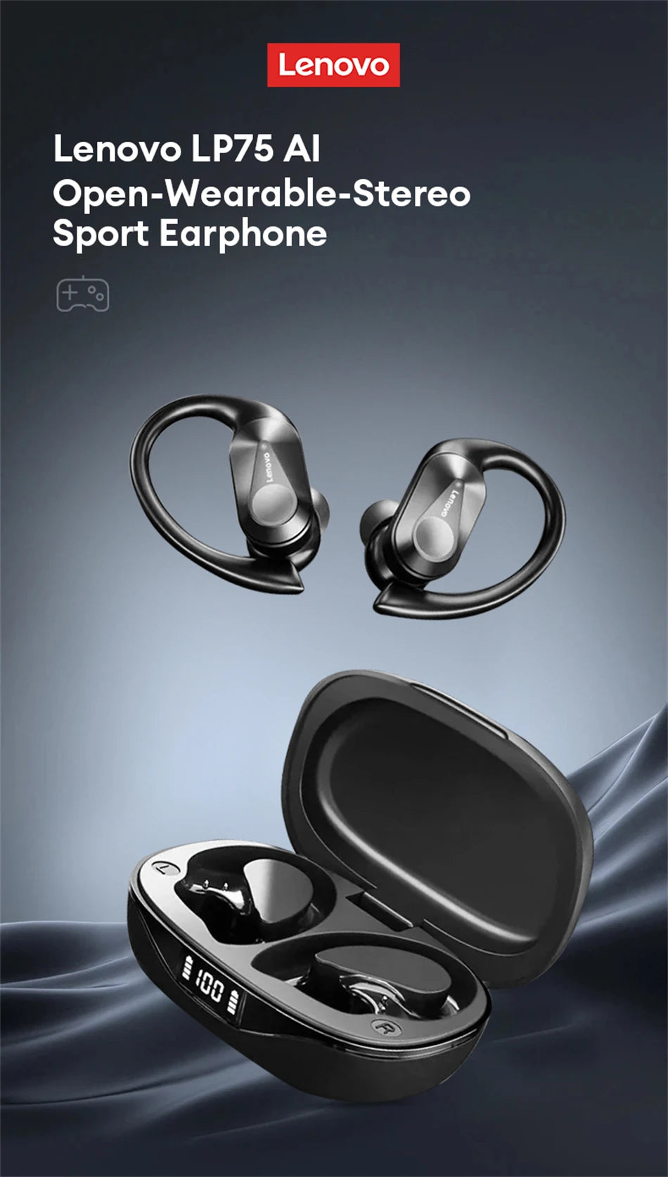 Lenovo LP75 TWS Bluetooth 5.3 Wireless Earphones – LED Display, Noise Reduction, Waterproof True Wireless Earbuds with Microphone & Deep Bass Sound