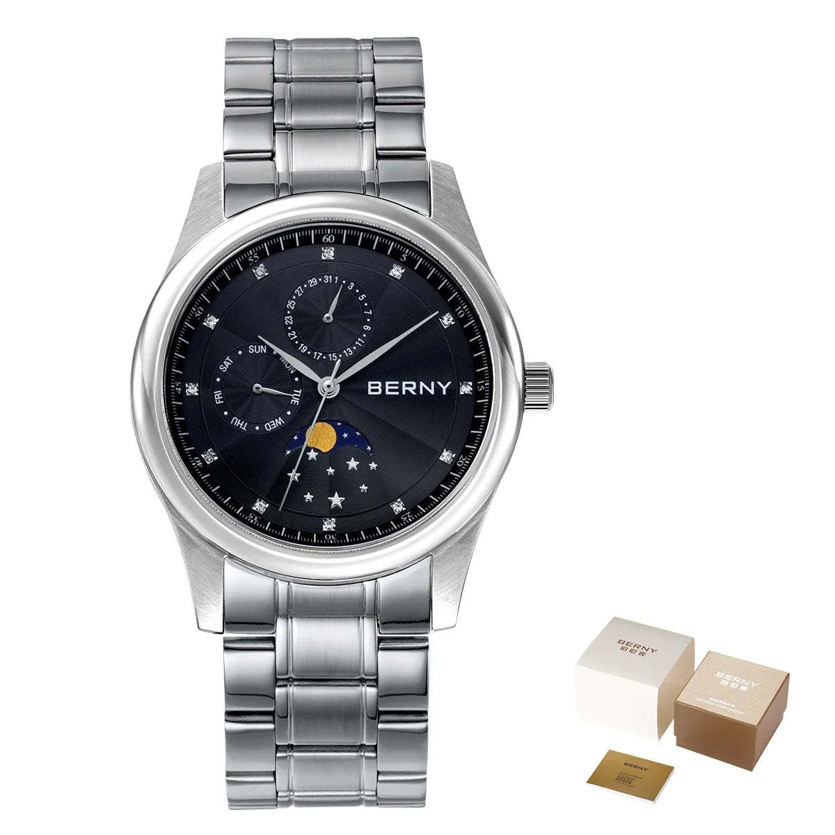 BERNY Men Watch Date Weeks Moon Phase Quartz Watches for Men Stainless Steel Leather Strap Business Wristwatch Male Clock