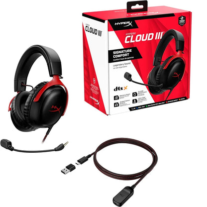 HyperX Cloud III Wired Gaming Headset with DTS X Spatial Audio, 53mm Drivers, Noise Cancelling Mic – USB & 3.5mm Gaming Headphones for PC, PS5, Xbox, Switch