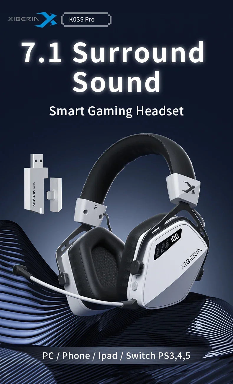 XIBERIA Wireless Gaming Headphones K03S Pro 7.1 Surround Sound Headset with Mic, Low Latency 2.4GHz Gamer Headphones, Long Battery Life Gaming Headset