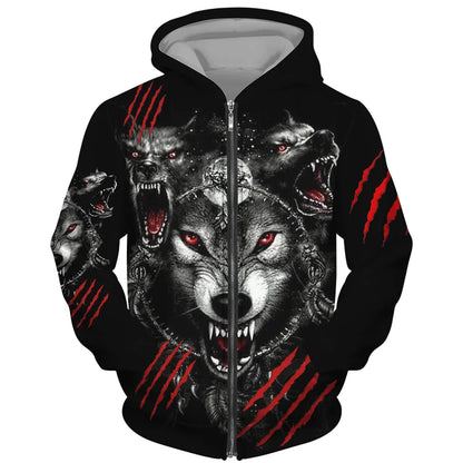 Sweat à capuz com fecho e estampado 3D de lobo, estilo streetwear, para homem/mulher, casaco com capuz unissexo casual hip-hop