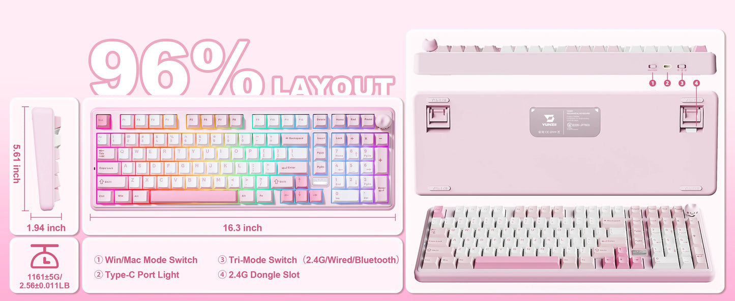 YUNZII B98 PRO QMK/VIA Wireless Mechanical Keyboard, 96% Layout Custom Gaming Keyboard, Hot-Swap Gasket RGB Keyboard for Win/Mac