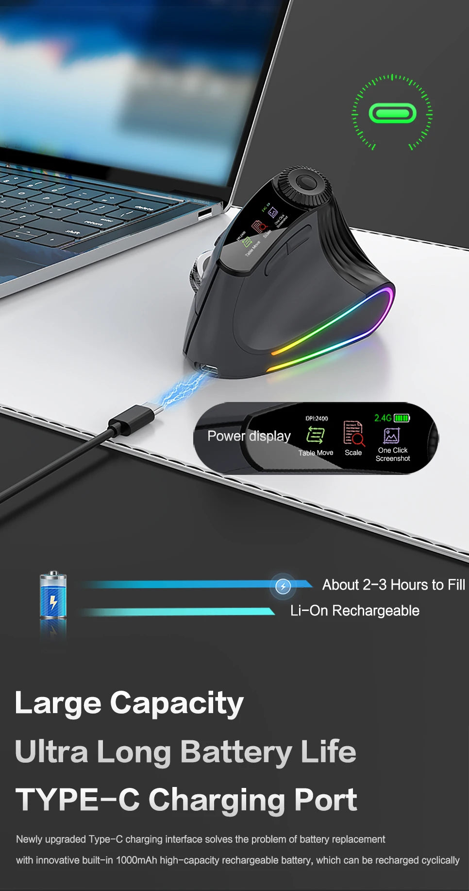 Wireless Ergonomic Mouse with Smart Flying Scroll, Bluetooth & 2.4G Rechargeable RGB Backlit Ergonomic Mouse, Adjustable DPI Gaming Mouse for PC, Laptop & Mac