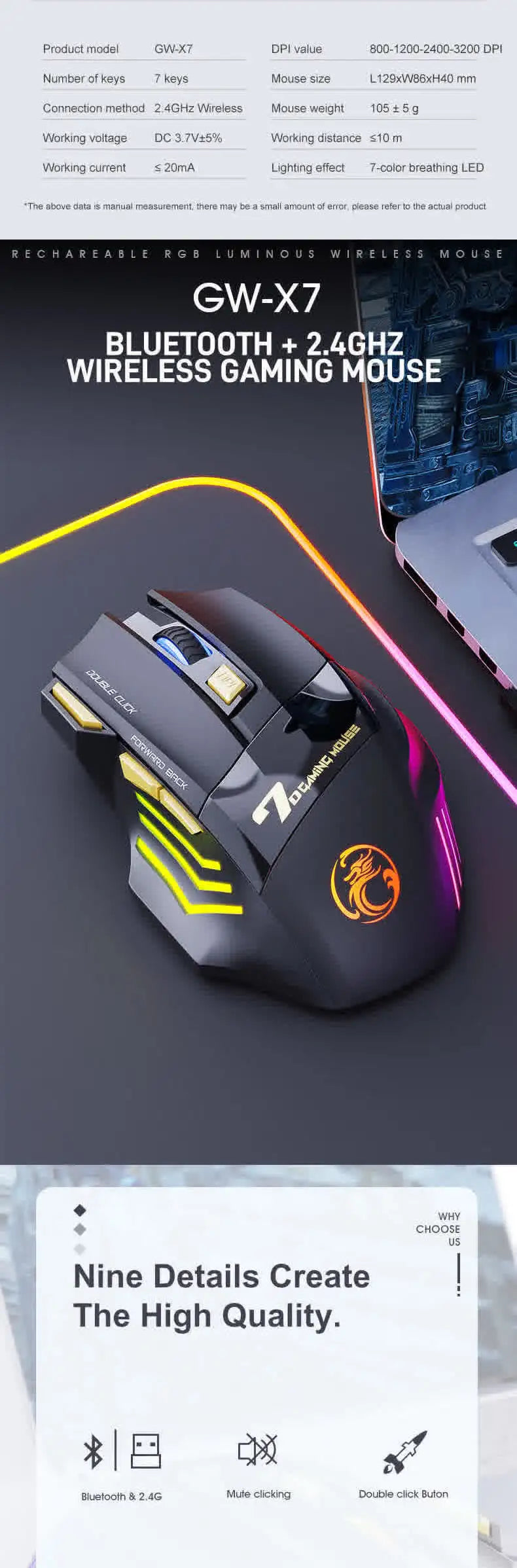 Wireless Bluetooth Rechargeable Gaming Mouse with RGB Backlight, Ergonomic Silent Computer Mouse, 7 Keys, Adjustable DPI for PC Laptop