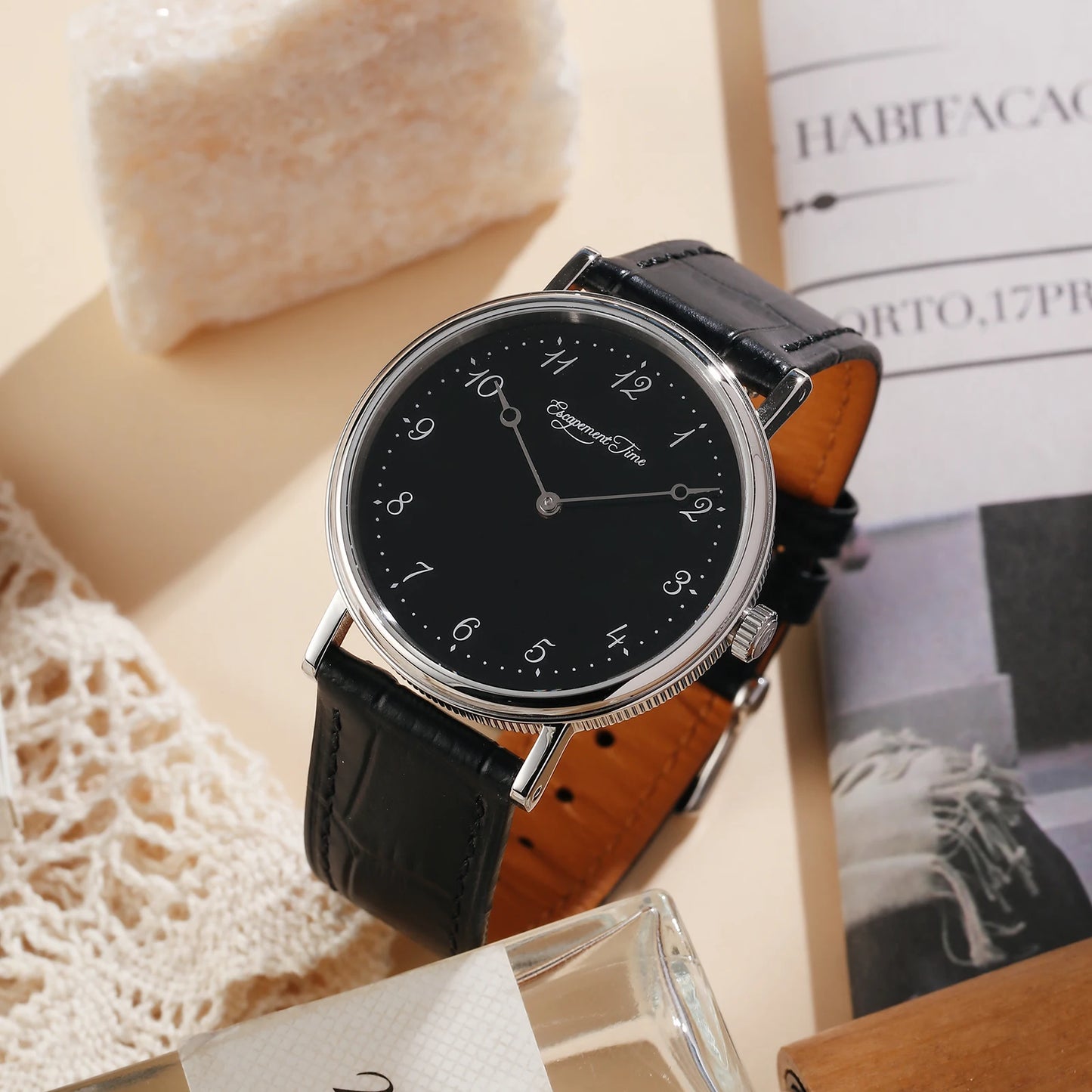 【Escapement Time】Quartz Movement Watch 38.5mm Case Enamel White Waterproof 50M Blue Heat Treatment Hand