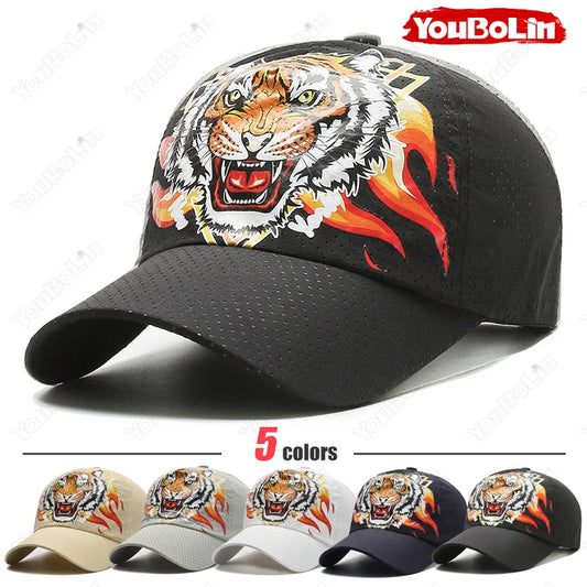 Outdoor Tiger Face Baseball Cap, Summer Quick-Dry Fabric, Mesh & Perforated Design, Ethnic Print Sun Protection Hat