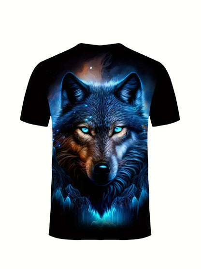 T-shirt da uomo con stampa 3D lupo, girocollo casual, maniche corte, tessuto traspirante e confortevole, abbigliamento streetwear outdoor da uomo