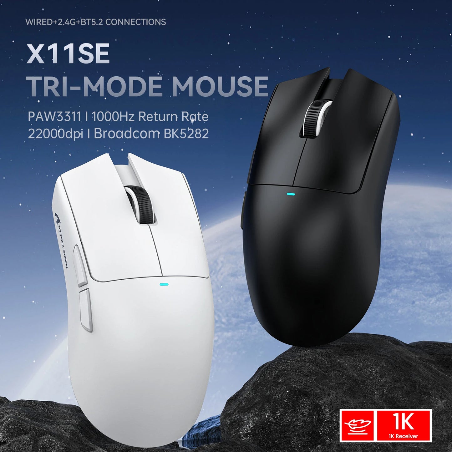 ATTACK SHARK X11 Wireless Gaming Mouse, 22K DPI PAW3311 Tri-Mode Gaming Mouse, Bluetooth 2.4G Wired RGB Lightweight Gaming Mouse