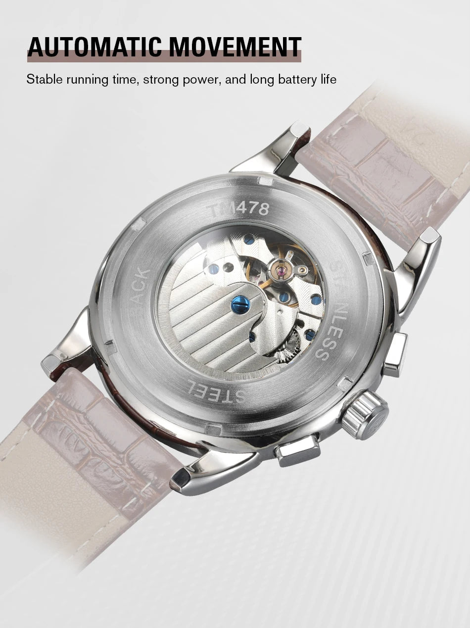 Forsining Retro Mechancial Watches Moon Phase Shanghai Movement Rose Gold Case Brown Leather Strap Luxury Automatic Mens Watch