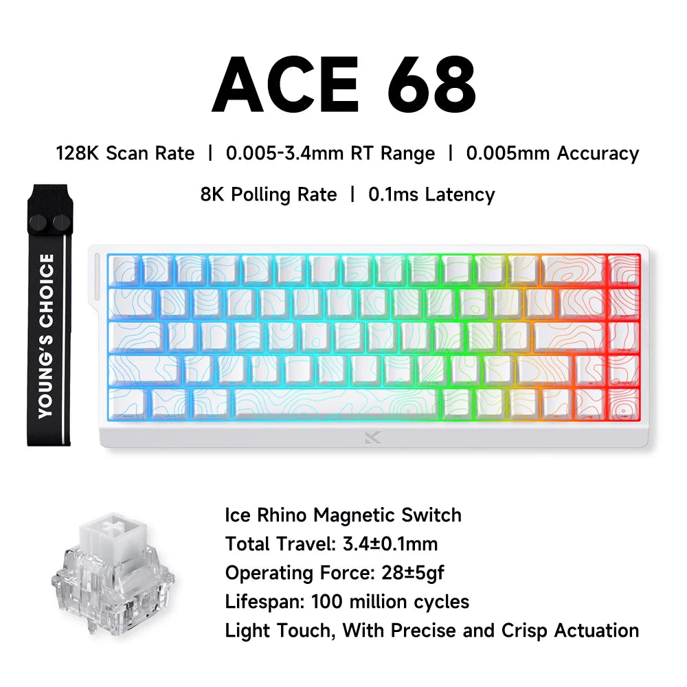 Teclado gaming MCHOSE ACE 68 con switches magnéticos Hall Effect, Rapid Trigger, RGB programable, 8K Hz y funciones DKS/MT/TGL/RS/SOCD