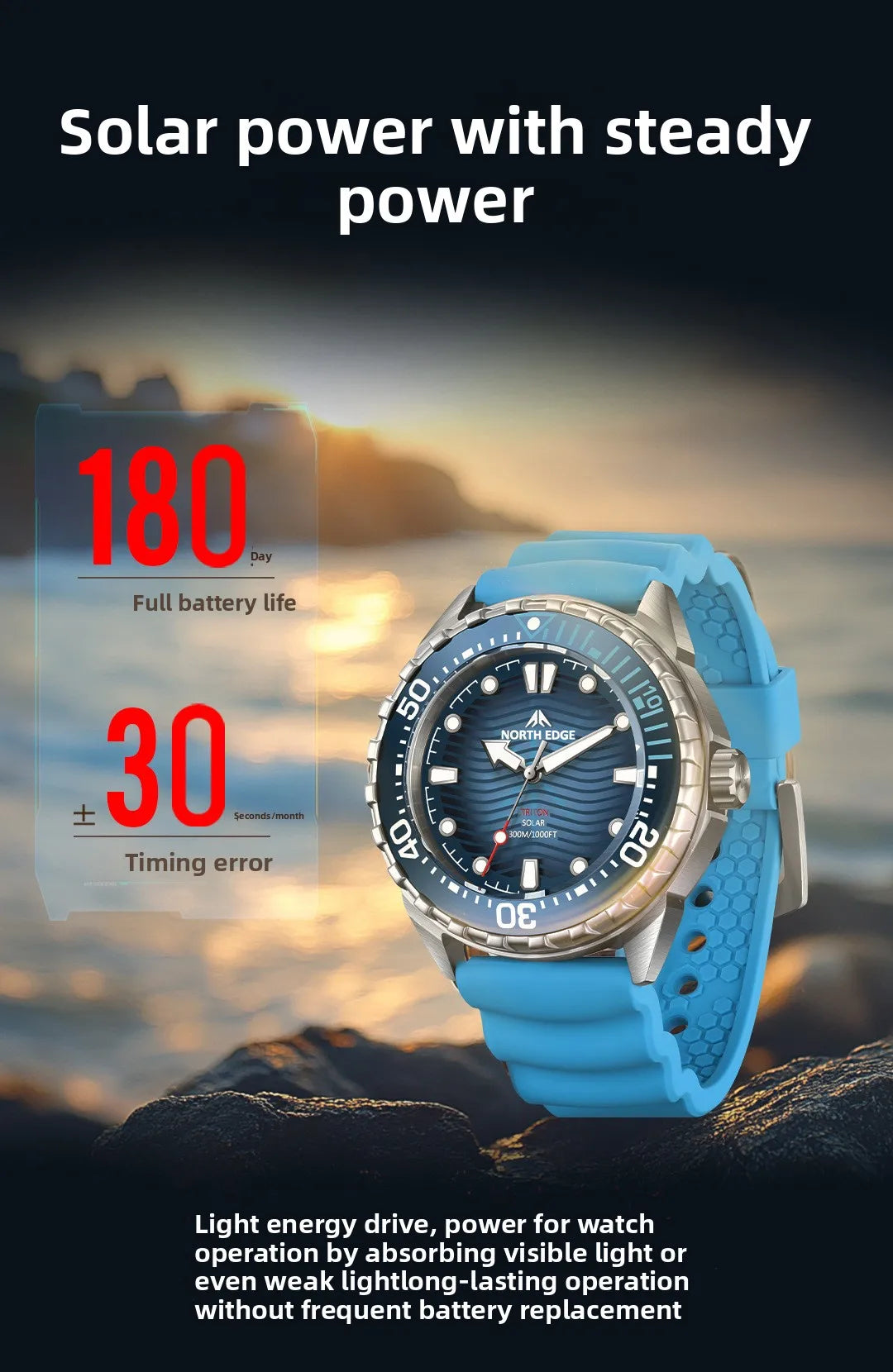 New NORTH EDGE 2026 New TRITON Solar Powered Dive Watch Men Luxury Quartz Watches for Men 316L Stainless Steel Case Waterproof 3