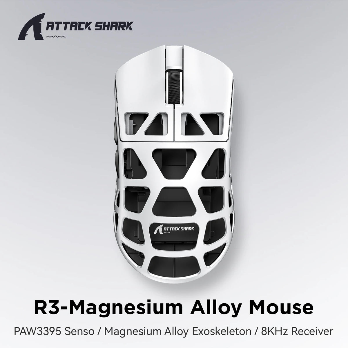 ATTACK SHARK R3 8KHz -magnesiumseoshiiri, PixArt PAW3395 -sensori, jopa 26000 DPI, 2.4G/BT/langallinen, 46g erittäin kevyt, PC/Mac-käyttöön