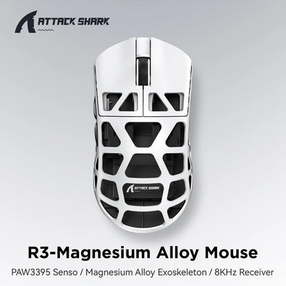 ATTACK SHARK R3 8KHz -magnesiumseoshiiri, PixArt PAW3395 -sensori, jopa 26000 DPI, 2.4G/BT/langallinen, 46g erittäin kevyt, PC/Mac-käyttöön