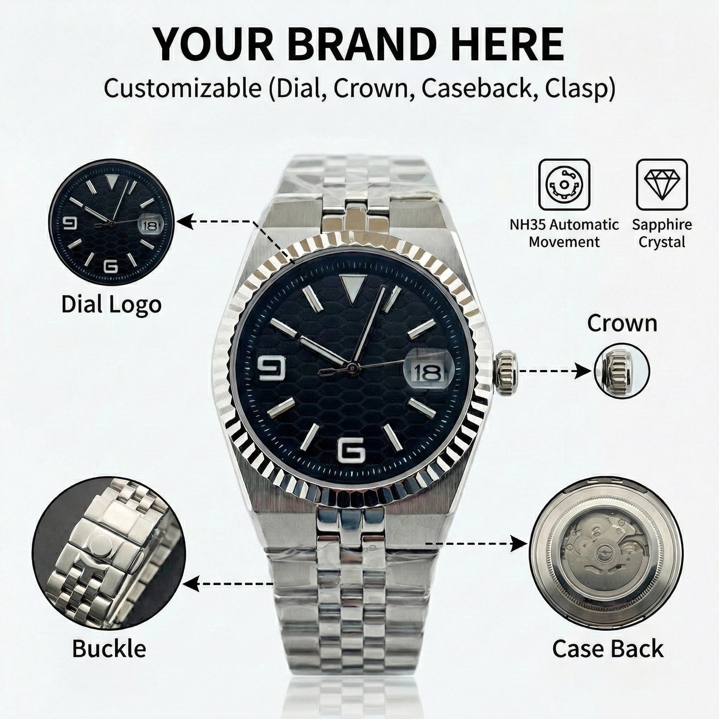 Custom Pilot Watch NH35 Automatic Mechanical Men Watch Sapphire Crystal Luminous 100M Water Resistant Cushion Case Dive Watch