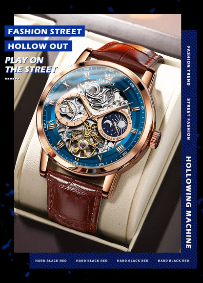 OLEVS Top Brand Men's Skeleton Mechanical Watch Waterproof Leather Strap Men Moon Phase Automatic Tourbillon Wristwatch for Men
