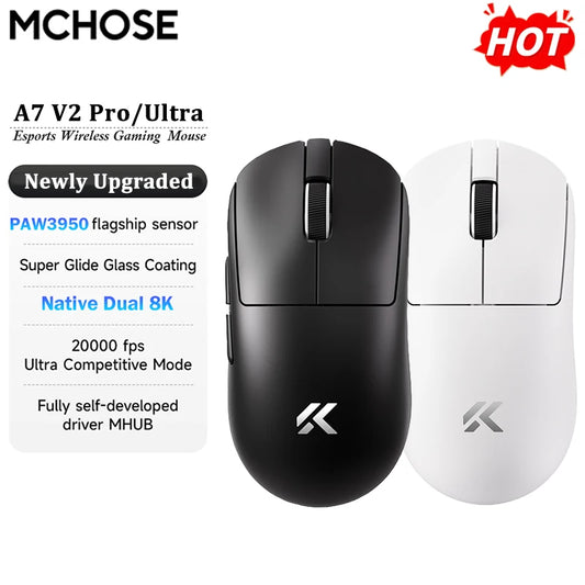 Mouse de gaming wireless ușor MCHOSE A7 V2 Ultra / Pro, Dual 8000Hz, PAW3950 TI, 42000DPI, pentru PC și gameri e-sports