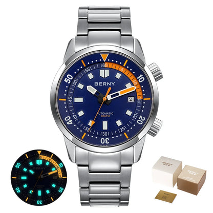 BERNY Men's Dive Watches 200M Waterproof Super Luminous Automatic Mechanical Diver Watch 42mm Sapphire Swim Diving Wristwatch