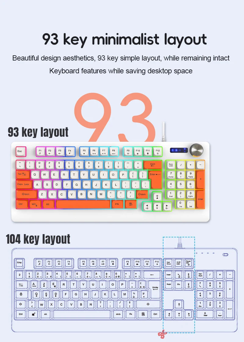 93 Keys Wired RGB Gaming Keyboard Two Tone PBT Ball Keycaps Mechanical Feeling Portable Keyboard for Laptop Office Gamer Typing