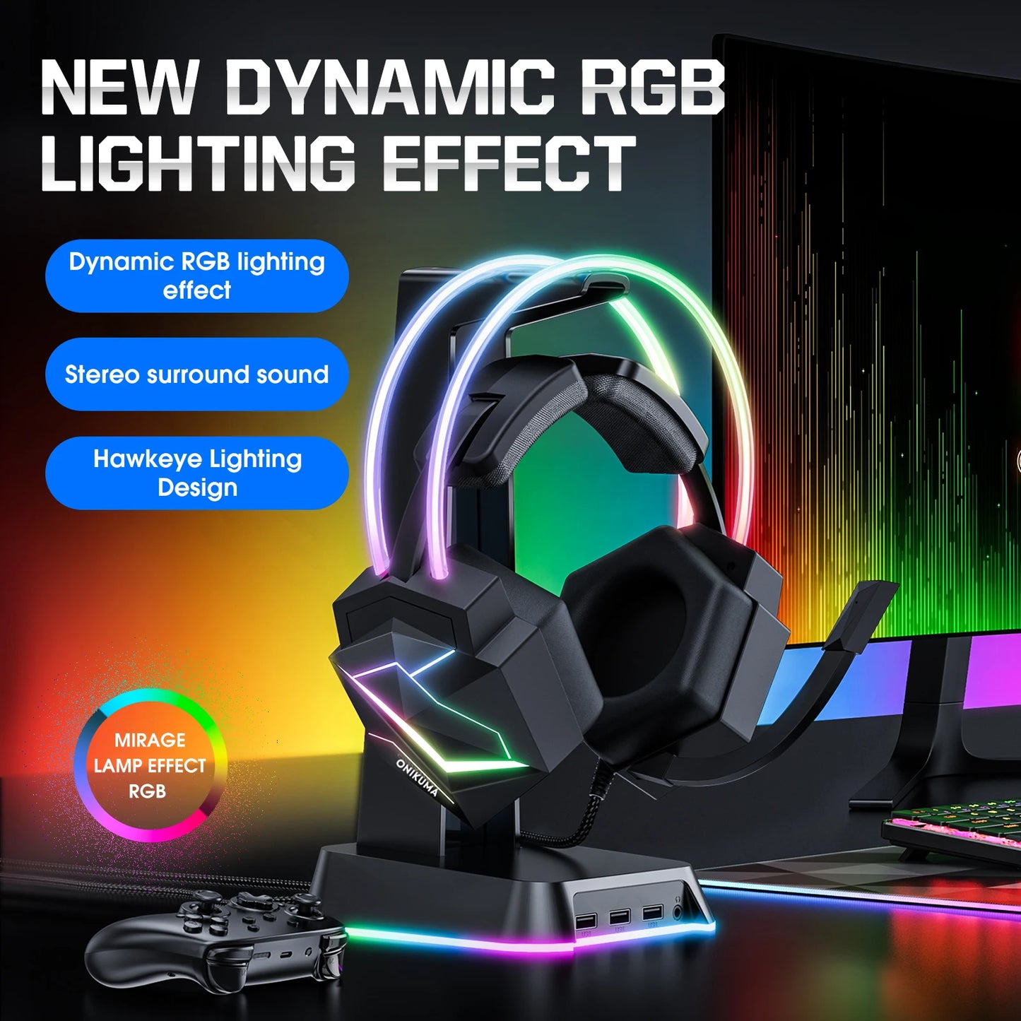 ONIKUMA X20 Gaming Headset RGB Wired Gaming Headphones with Mic, Surround Sound Bass Over-Ear Gaming Headset for PS5, PC, Xbox & Laptop