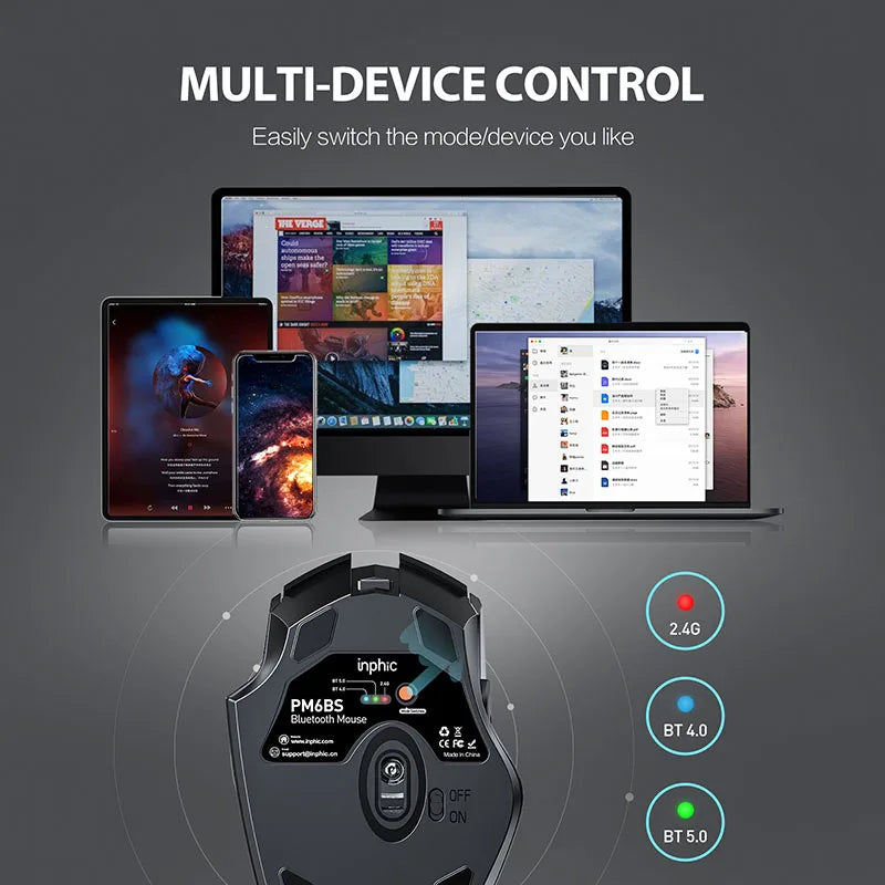 INPHIC PM6BS Wireless Mouse, Tri-Mode Bluetooth 5.0 Ergonomic Rechargeable Mouse with 6 Buttons for Laptop, Mac & PC