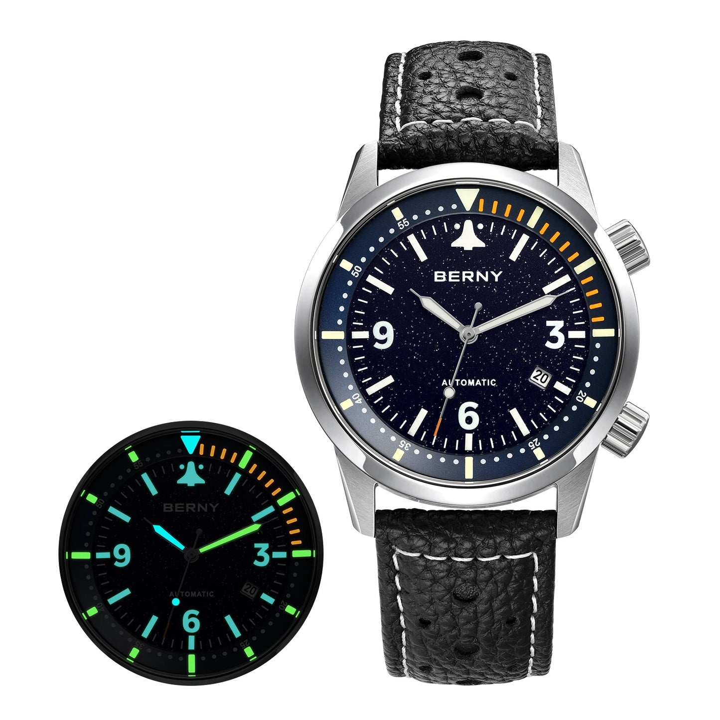 BERNY Men's Automatic Diver Watch Supper Luminous Sapphire AR Coated MlYOTA 8215 Leather Strap Mechanical Diving Watches for Men