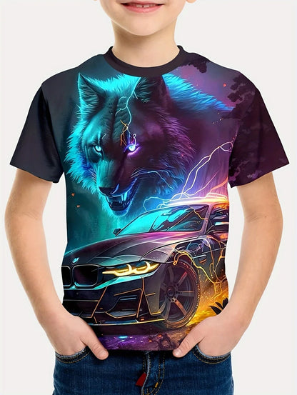 Children's T-Shirt Cool Wolf Pattern Boys' Short Sleeve Tee Summer New Round Neck Children's T-Shirt Fashion Children's Clothing