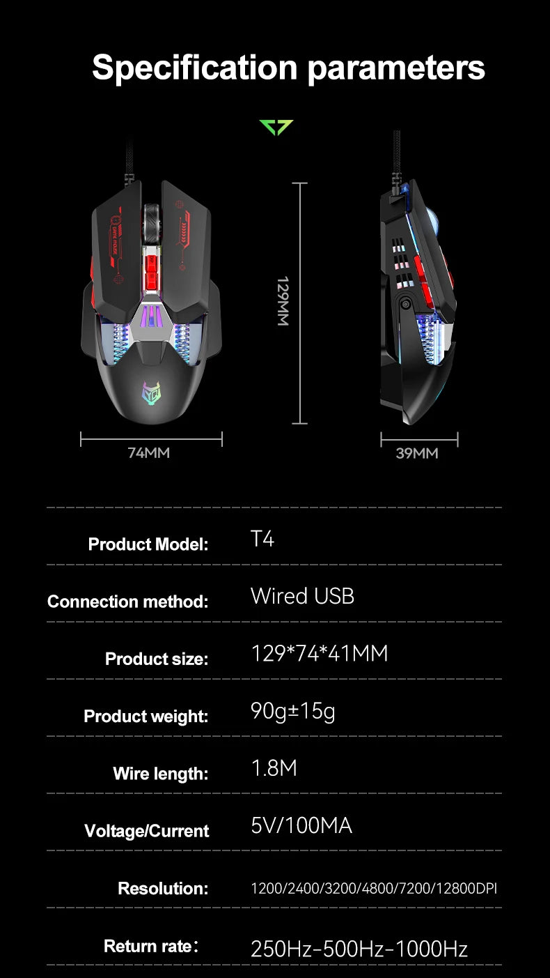 APAYADO T4 Wired Gaming Mouse 12800 DPI RGB Gaming Mouse with 1000Hz Polling Rate, Ultra-Light Cable, 60IPS Precision Mouse for PC & Laptop