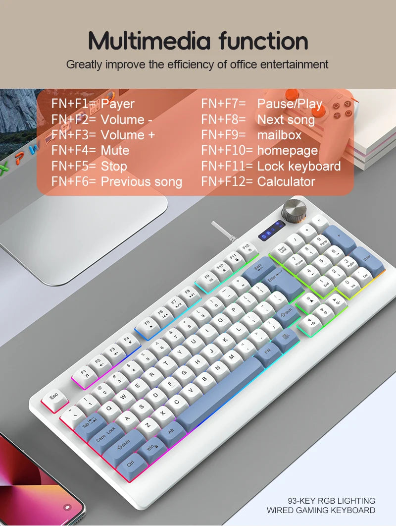 93 Keys Wired RGB Gaming Keyboard Two Tone PBT Ball Keycaps Mechanical Feeling Portable Keyboard for Laptop Office Gamer Typing