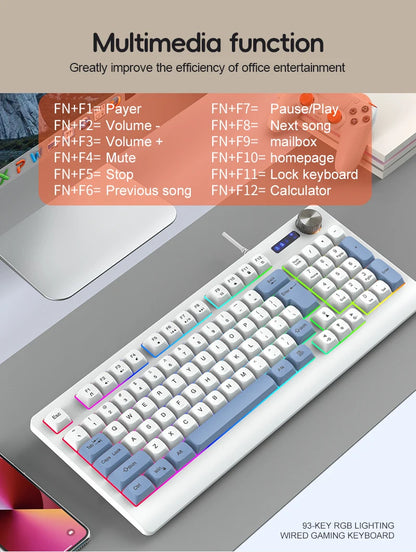 93 Keys Wired RGB Gaming Keyboard Two Tone PBT Ball Keycaps Mechanical Feeling Portable Keyboard for Laptop Office Gamer Typing