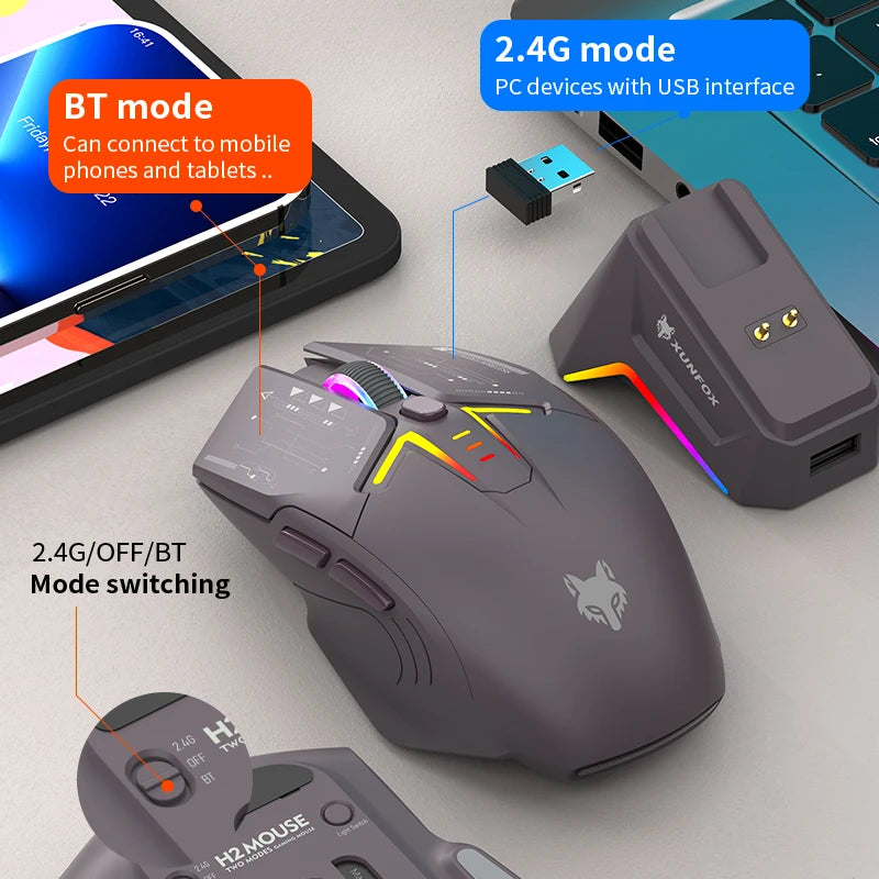 XUNSVFOX H2 trådlös Bluetooth-mus med dubbla lägen, RGB-belysning, för laptop, gaming och kontor, magnetisk laddning