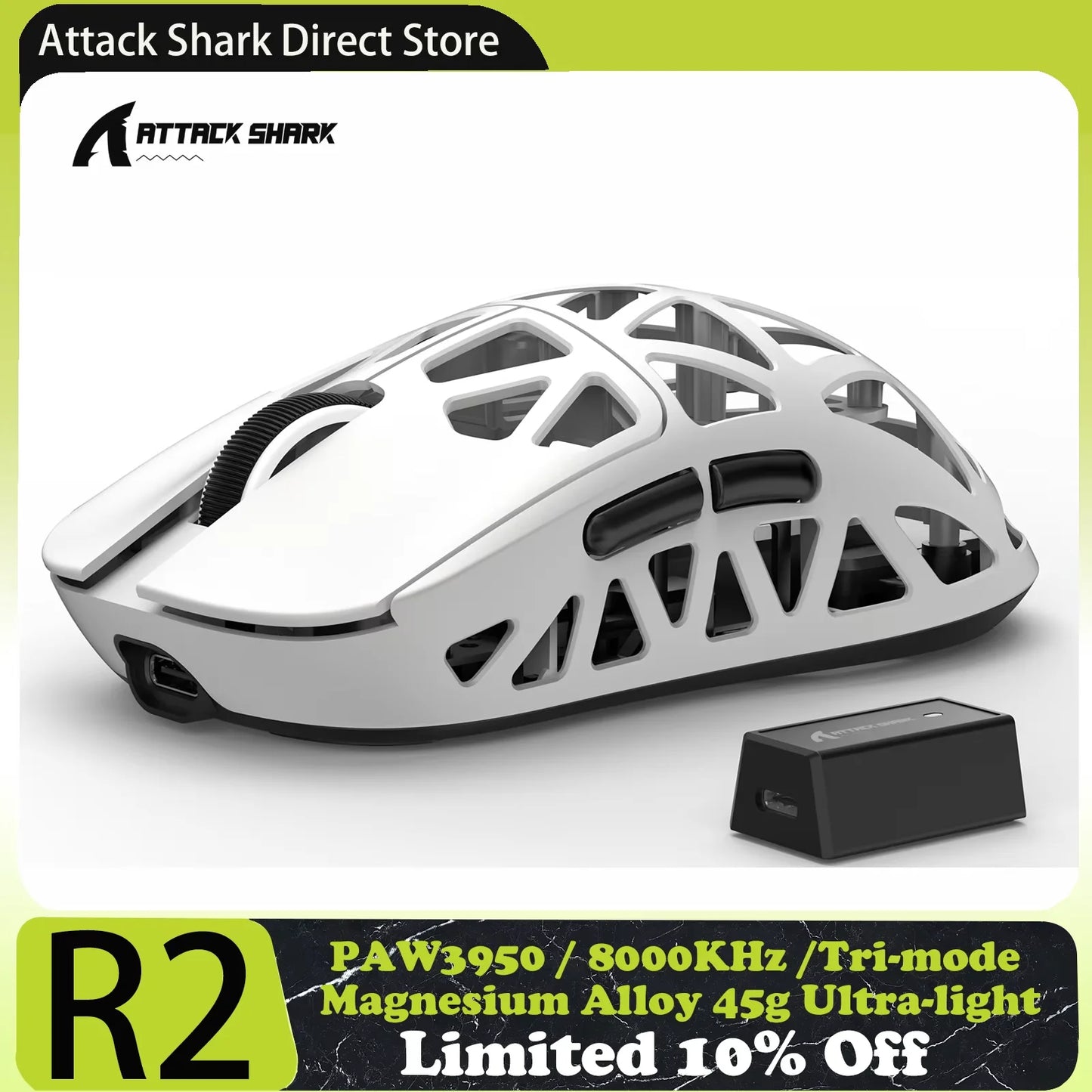 ATTACK SHARK R2 Gaming Mouse Magnesium Alloy, PAW3950 Sensor, Tri-Mode Wireless, 42000 DPI, 8000Hz, 45g Ultralight Gaming Mouse