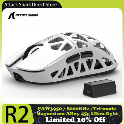 ATTACK SHARK R2 Gaming Mouse Magnesium Alloy, PAW3950 Sensor, Tri-Mode Wireless, 42000 DPI, 8000Hz, 45g Ultralight Gaming Mouse