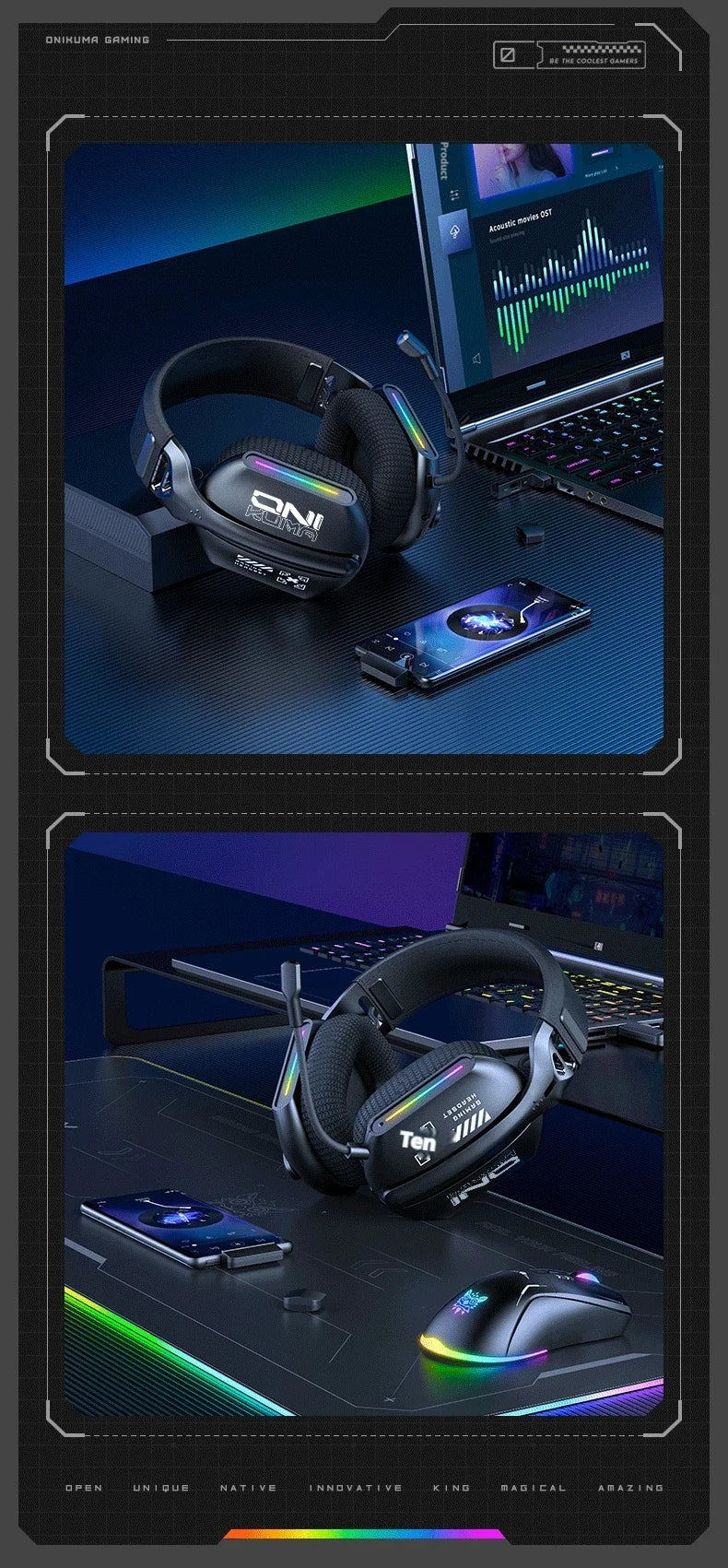 ONIKUMA GT808 Wireless Gaming Headset 2.4G/Bluetooth/Wired 3-Mode Over-Ear Gaming Headphones with Noise Cancelling Mic for PC PS4 PS5