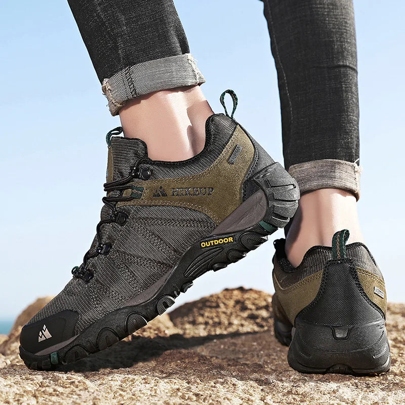 HIKEUP Four-Season Men's Hiking Shoes Outdoor Sports Genuine Leather Wear-Resistant Climbing Shoes Rubber Sole Trekking Sneaker