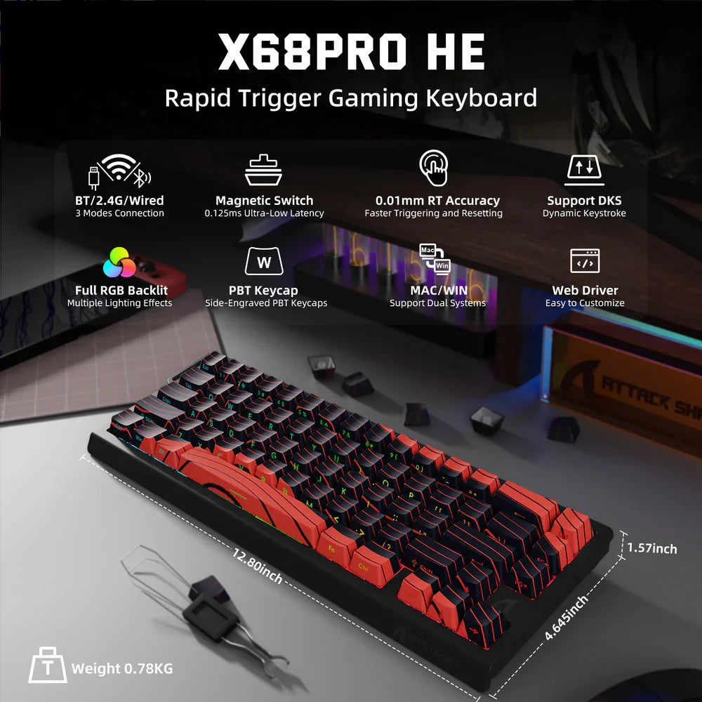 ATTACK SHARK X68PRO HE Wireless Rapid Trigger Gaming Keyboard, Magnetic Switch RGB Mechanical Keyboard, Tri-Mode Bluetooth/2.4GHz/Wired Hot-Swap Gaming Keyboard