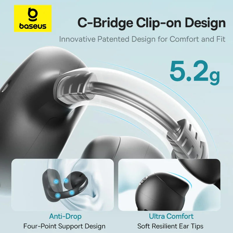 Baseus Bowie MC1 Ear Clip Wireless Earphones Bluetooth 5.4 Open-Ear Clip-On Sports Earbuds IP57 Waterproof AI Bass Ear Clip Headphones