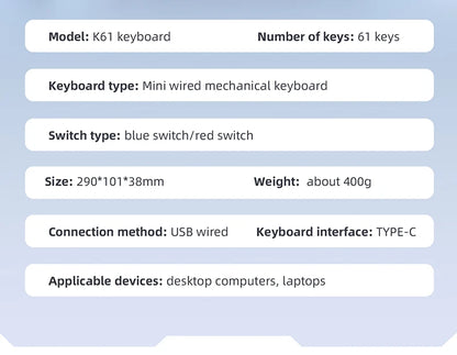 61 Keys RGB Mechanical Keyboard Wired K61 Mini Keyboard 60% Portable Black,White, Red/Blue Switch for Gaming\Work
