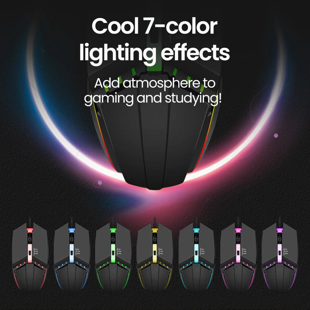 Drôtová USB herná myš RGB BackLight Mute s LED podsvietením, 1600DPI, pre stolný PC, notebook, domácnosť a kanceláriu